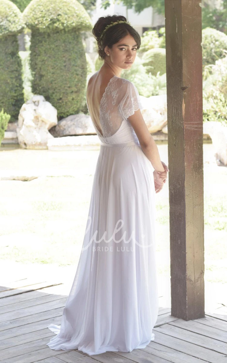 Deep-V Back Lace Chiffon Wedding Dress with Short Sleeves