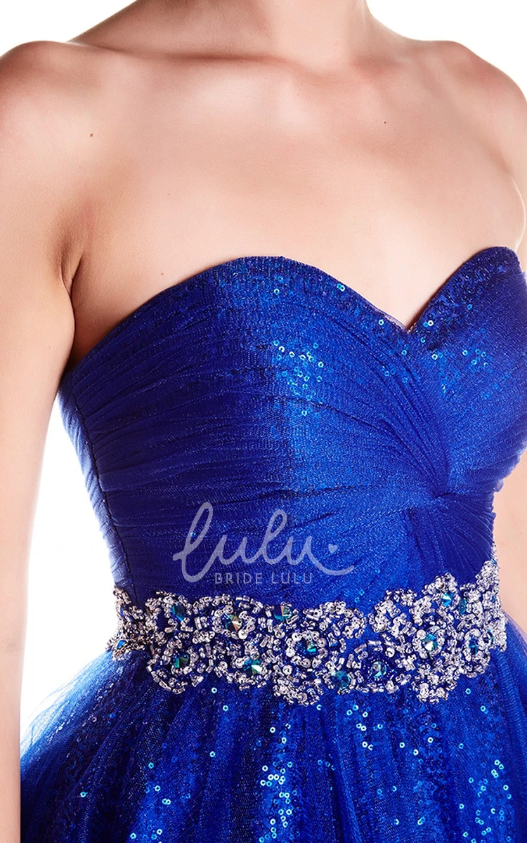A-Line Sweetheart Sequin and Tulle Prom Dress Sleeveless Short with Beading Ruffles and Waist Jewelry