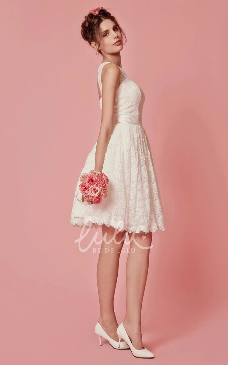 Lace Sleeveless A-Line Short Wedding Dress with Scoop Neckline