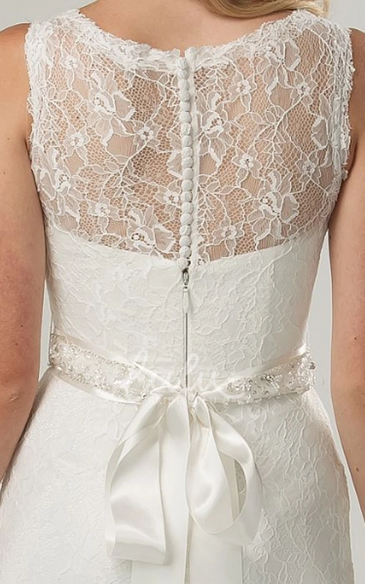 Long Lace Wedding Dress with Jeweled Scoop Neckline and Illusion Elegant Wedding Dress