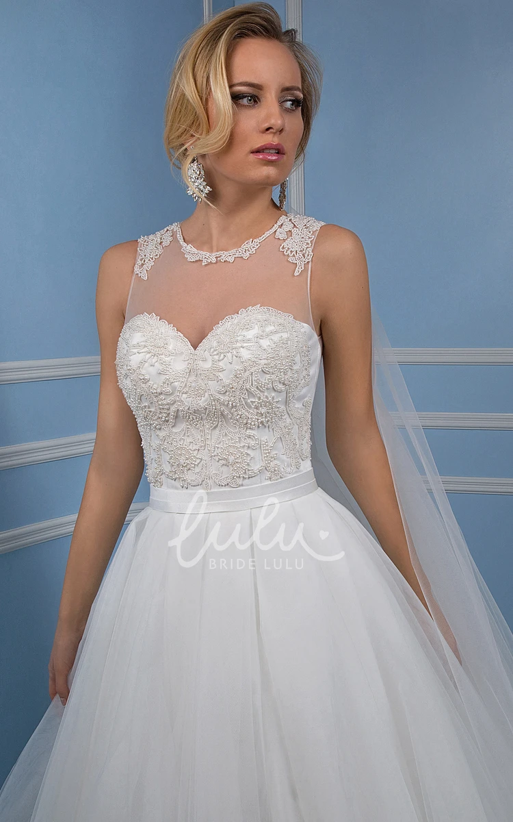 Appliqued Scoop Tulle Wedding Dress with Illusion Back Maxi Ball Gown