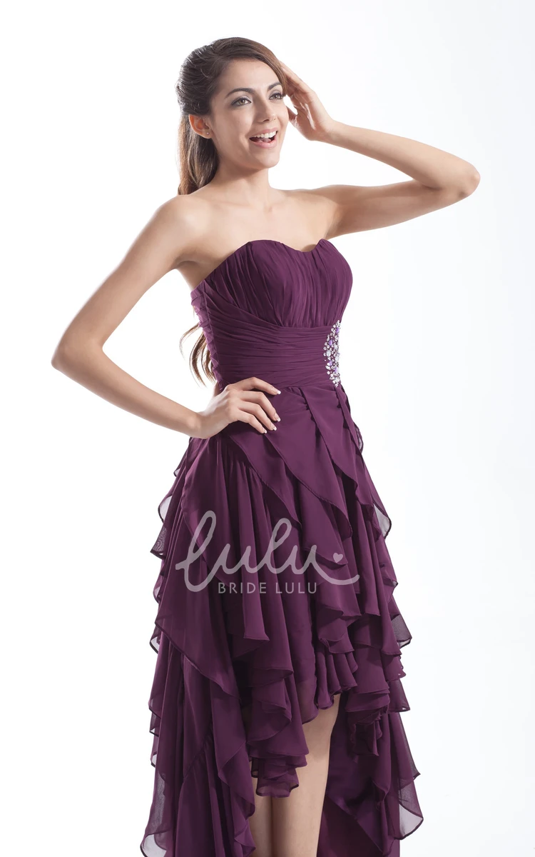 High-Low Chiffon Prom Dress with Beading and Cascading Ruffles Sleeveless Sweetheart