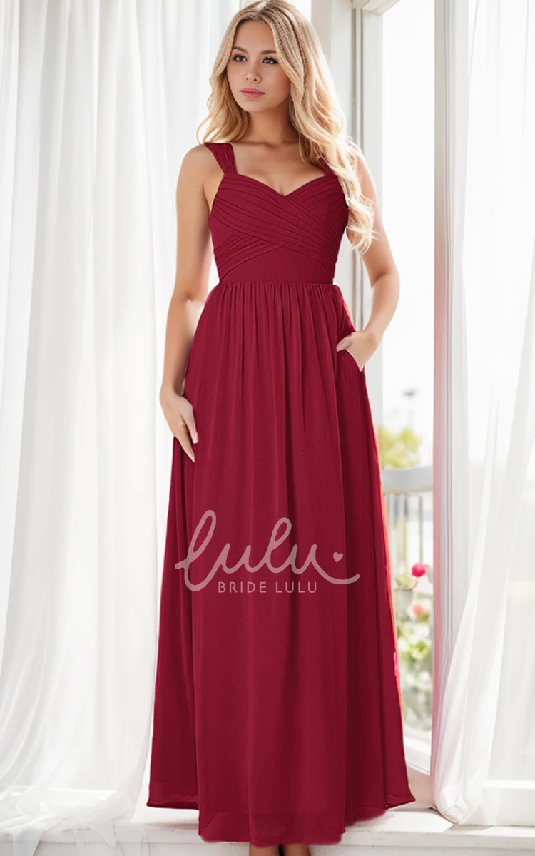 Burgundy Red A-Line Plus Size Sweetheart Neckline Wide Strap Ruched Maxi Prom Party Bridesmaid Dress with Pocket