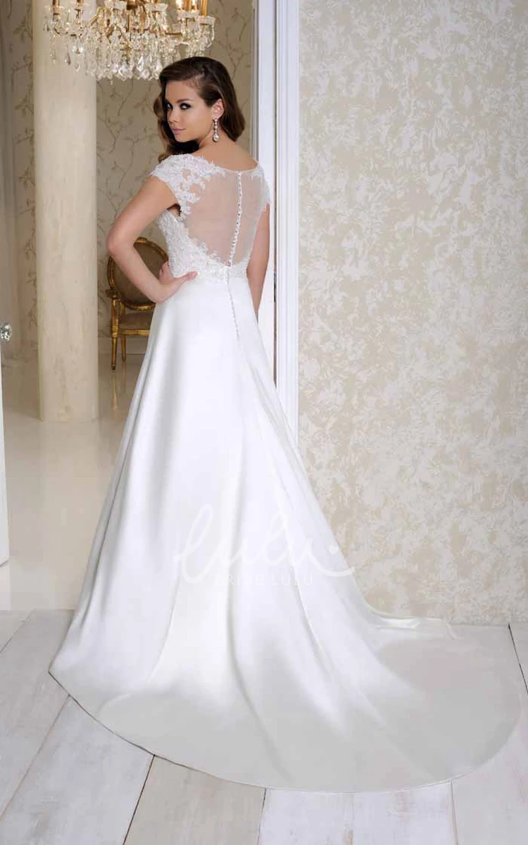 Short-Sleeve Satin Wedding Dress with Court Train and Illusion Modern Bridal Gown