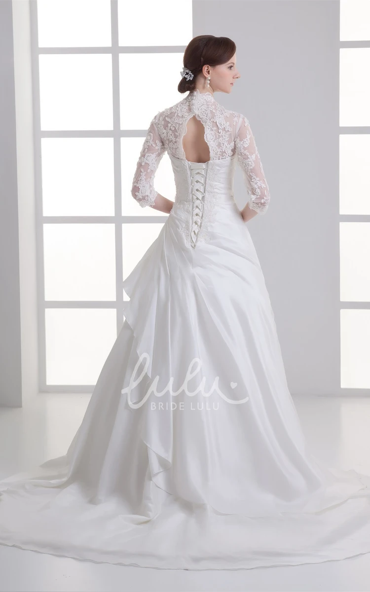 Lace A-line Wedding Gown with Appliques Scalloped-Neck 3/4 Sleeves Bridal Dress