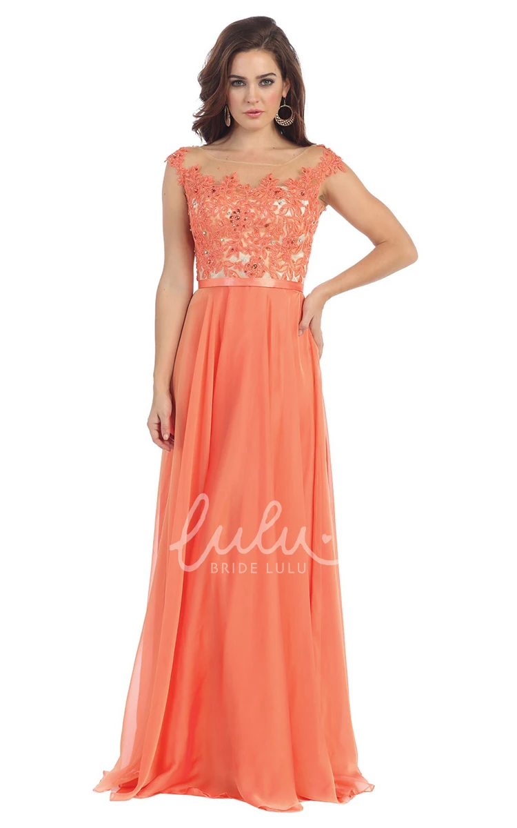 A-Line Chiffon Illusion Dress with Appliques and Pleats Elegant Formal Dress 2024