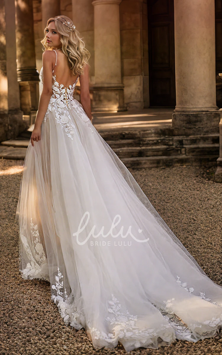 Sexy Romantic A-Line Lace Flowers Tulle Spaghetti Plunging Neckline Wedding Dress Ethereal Elegant Sleeveless Floor-length Deep-V Back Garden Bridal Gown with Train