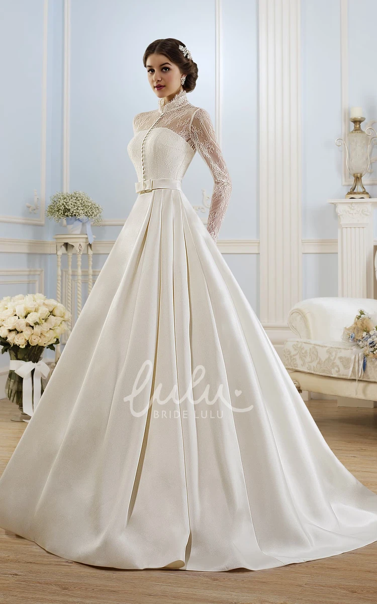 Illusion High-Neck Lace Ball Gown with Long Sleeves