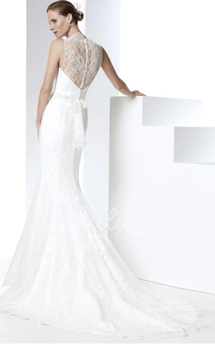 Sleeveless Jeweled Bateau Lace Wedding Dress with Illusion Back Modern Bridal Gown