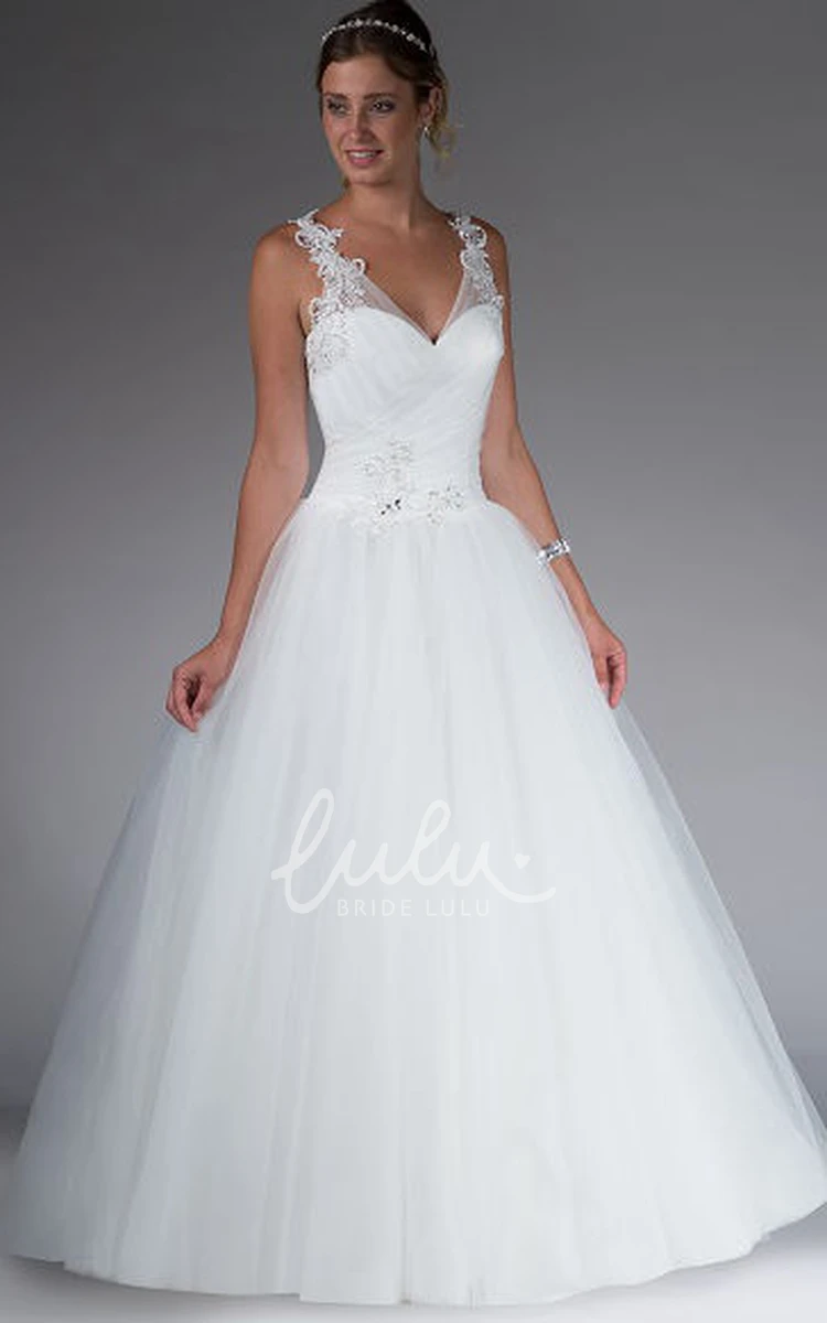 Beaded Straps Tulle Ball Gown Wedding Dress with V-Neck