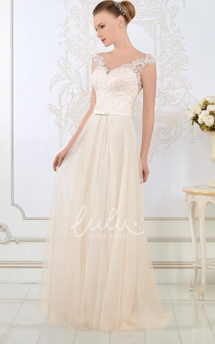 Cap-Sleeve Appliqued Tulle Sheath Wedding Dress V-Neck Floor-Length