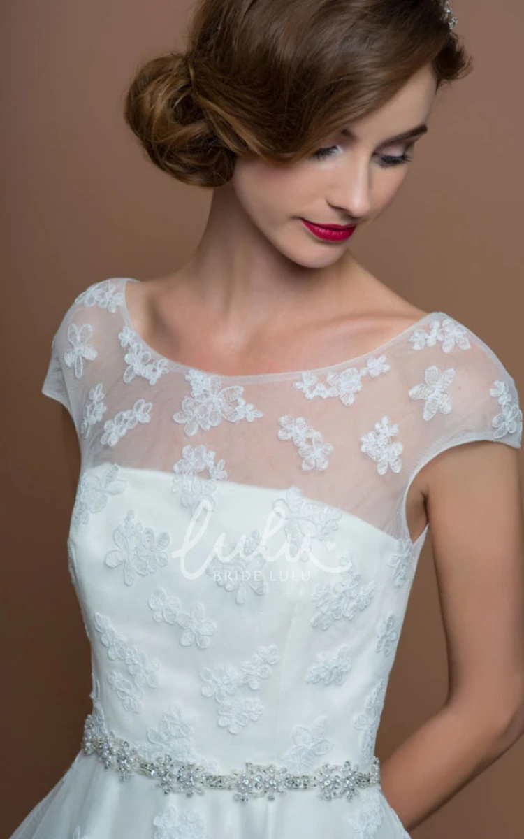 Jeweled Cap-Sleeve Tea-Length Tulle Wedding Dress A-Line