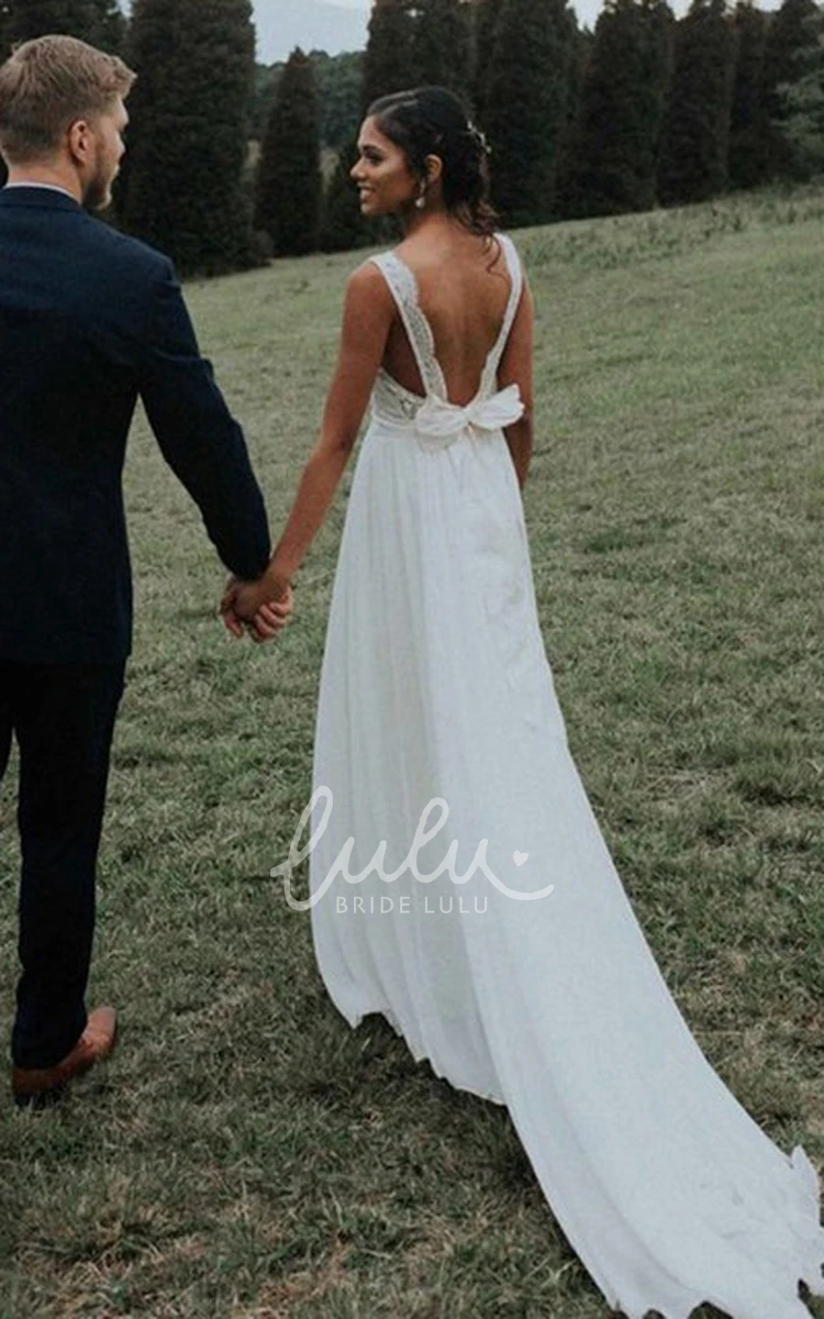Chiffon Lace A Line Wedding Dress with Scalloped Sleeveless Court Train and Bow Elegant Bridal Gown
