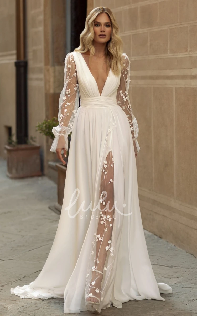 Flowy Long Sleeve Sheer Beach Wedding Dress Simple Deep V-Neck A-line Chiffon Gown