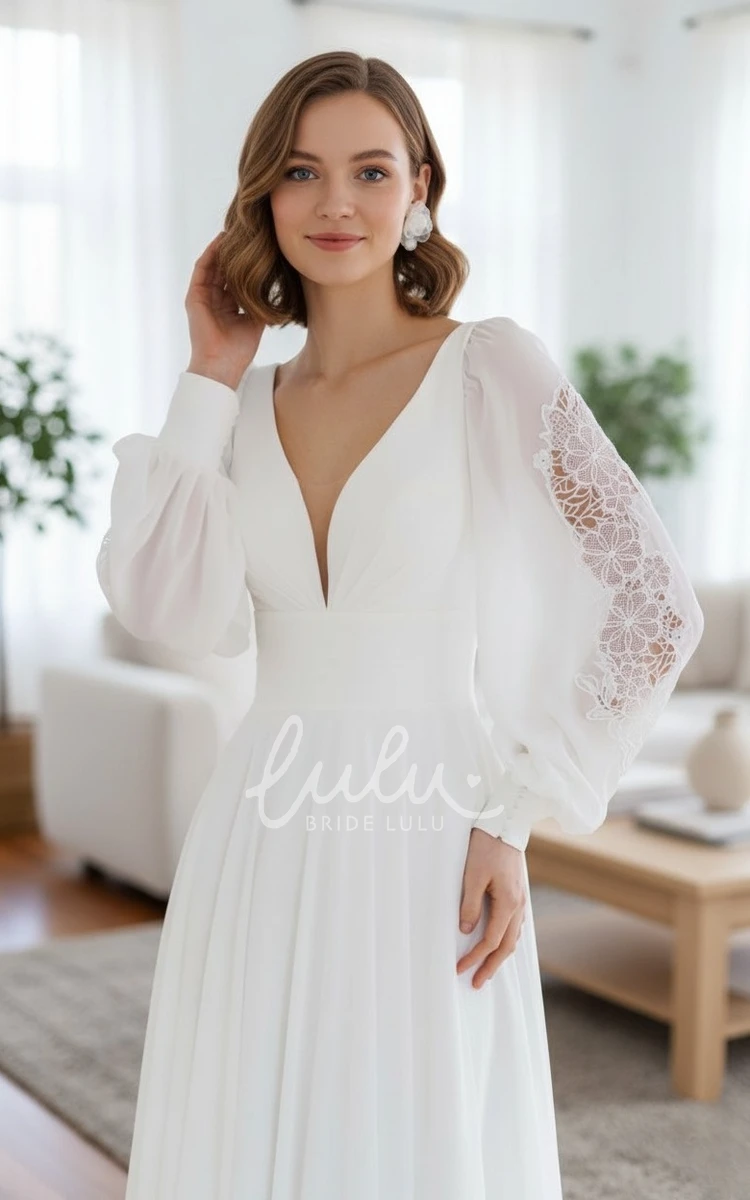 Modern A-Line Lace Flower Long Puff Sleeves Wedding Dress Simple Flowy Chiffon Plunge V Back Bridal Gown