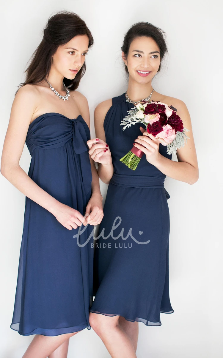 Strapless Tea-Length Chiffon Bridesmaid Dress in Multi-Color Bow Detail and Ruching