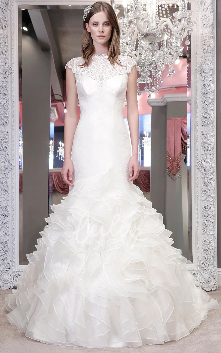 High Neck Cap-Sleeve Lace Wedding Dress with Ruffles and Appliques