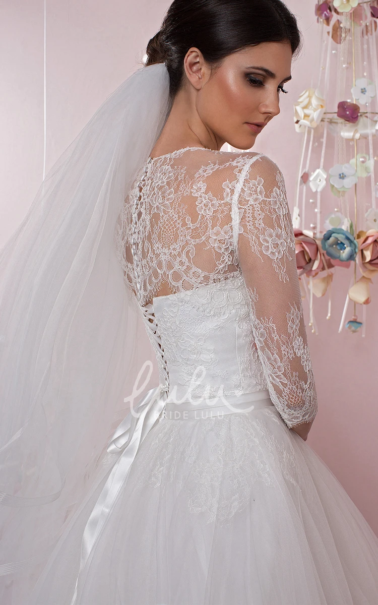 Jewel Neck Tulle Ball Gown Wedding Dress with 3-4 Sleeves Classic Bridal Gown