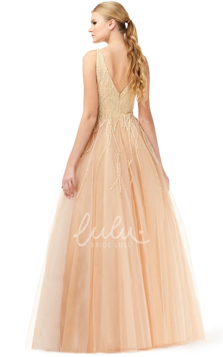 Ball Gown Elegant V-neck Tulle Floor-length Formal Dress Elegant Tulle Formal Dress with V-neck and Floor-length