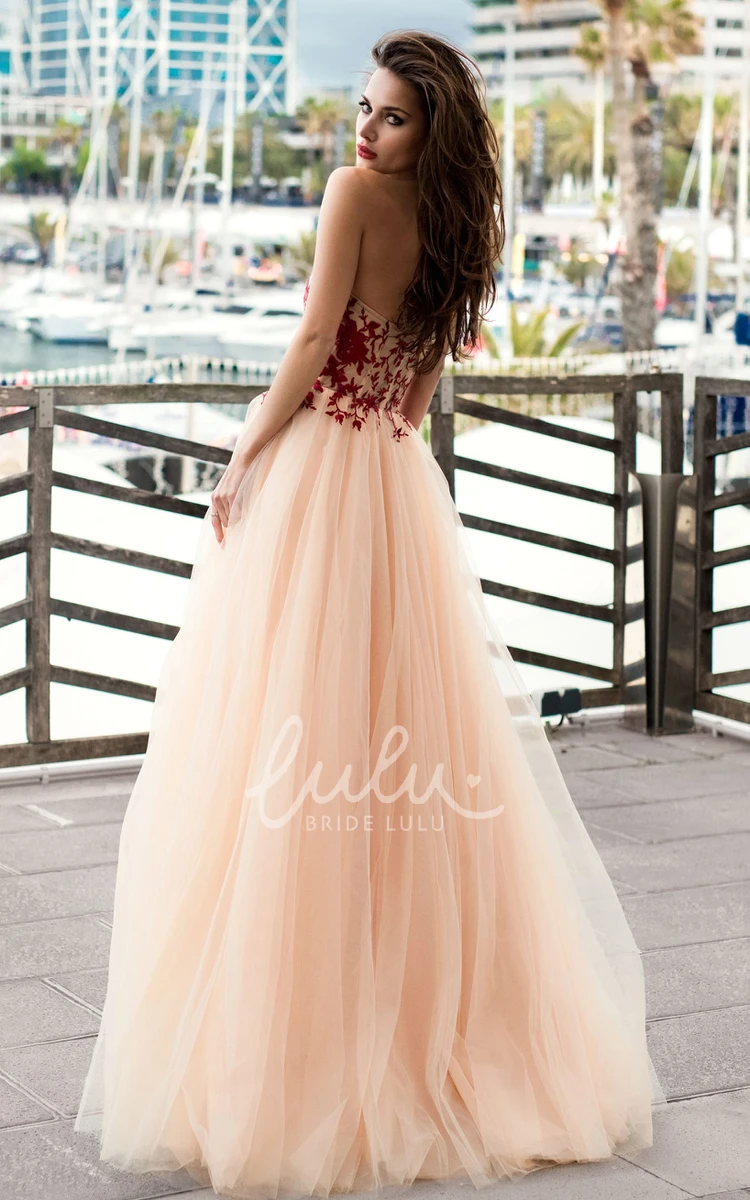 Romantic A-Line Strapless Lace Tulle Prom Dress Flowy Bridesmaid Dress