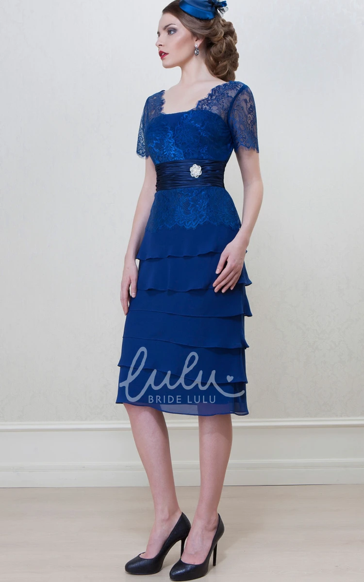 Chiffon Knee-Length Mother of the Bride Dress with Tiered Square Neck and Short Sleeves