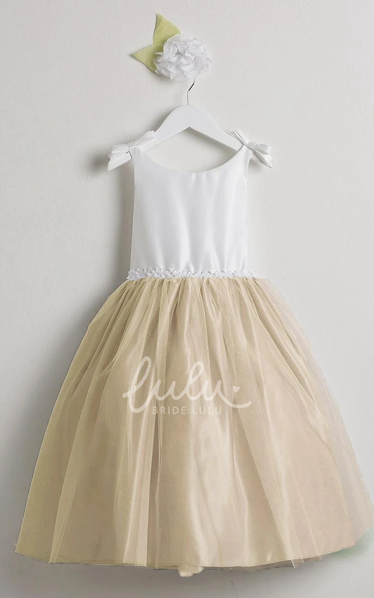 Sleeveless Tea-Length Tulle&Satin Flower Girl Dress Classy Bridesmaid Dress for Girls