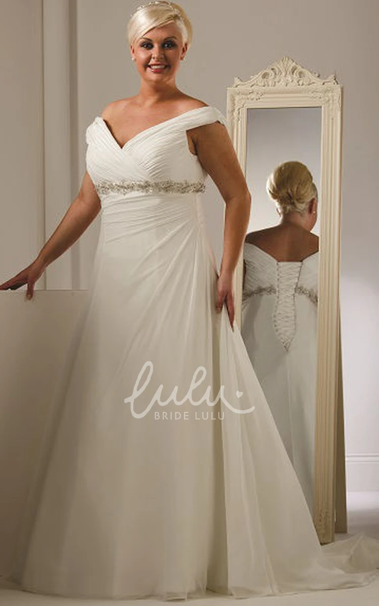 Lace Up Plus Size Wedding Dress with Off Shoulder and Empire Waist Crystal