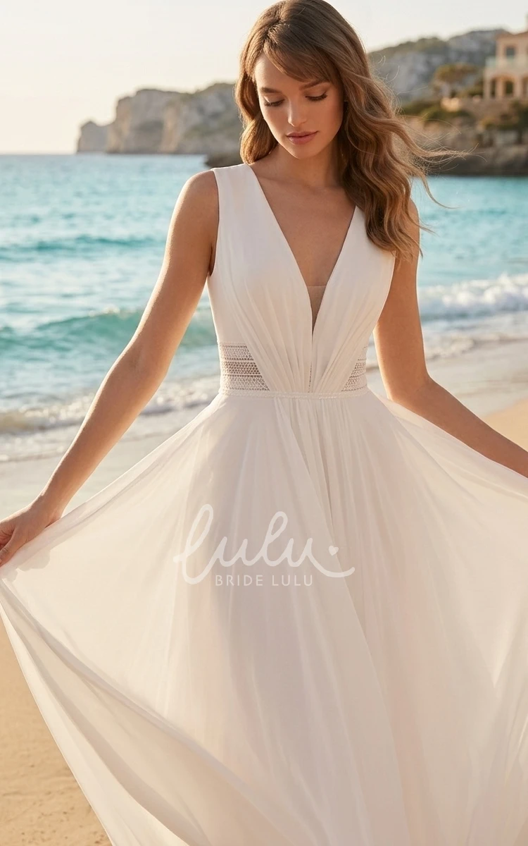 Simple Solid Chiffon Lace Sleeveless A-Line Plunging V-neck Spring Wedding Dress Chic Elegant Ethereal Floor-length Backless Bridal Gown with Train