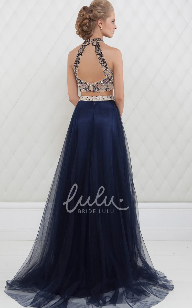 Maxi Tulle Prom Dress with High-Neck Beaded Sleeveless A-Line and Elegant Waist Jewellery