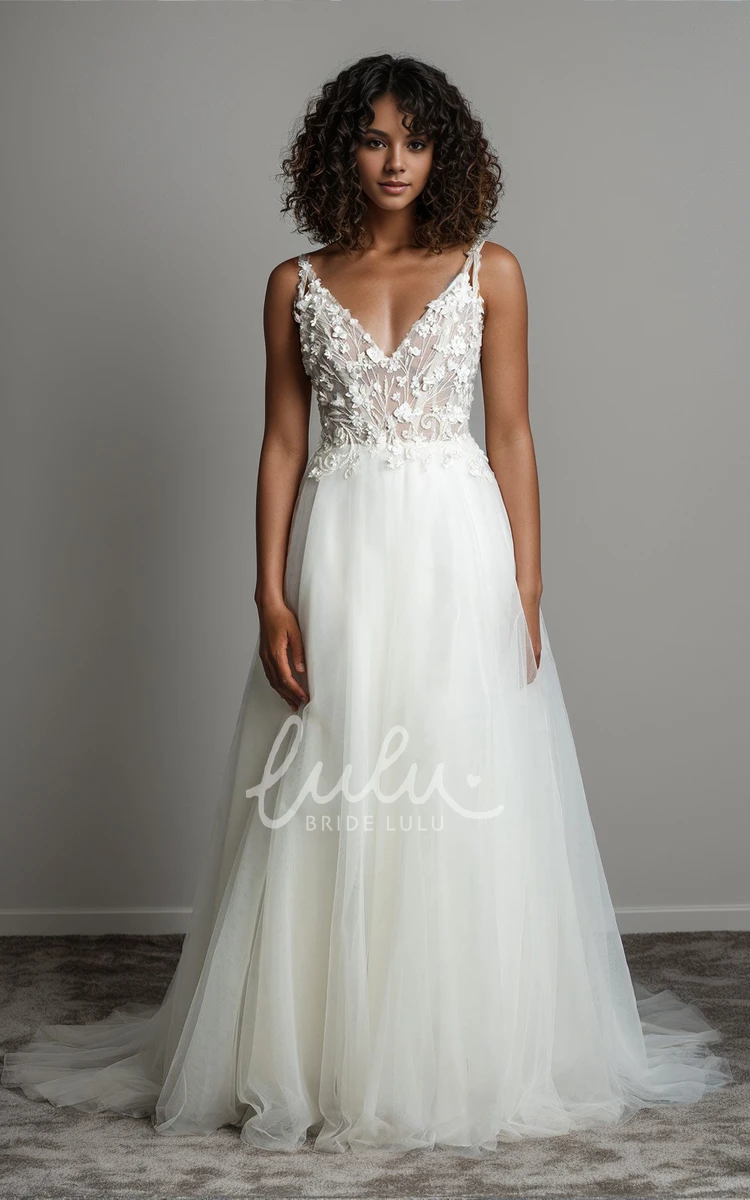 Ethereal Sexy A-Line Spaghetti Straps Lace Tulle Appliques Wedding Dress Elegant Romantic V-Neck Floor-length Backless Court Train Bridal Gown