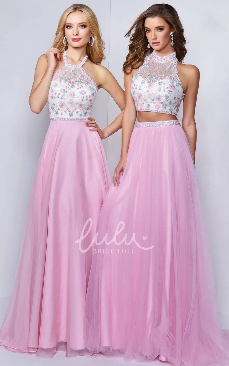 Halter Backless A-Line Prom Dress with Appliques and Flower