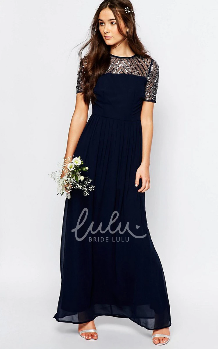 Short-Sleeve Sequined Chiffon Bridesmaid Dress with Pleats Ankle-Length