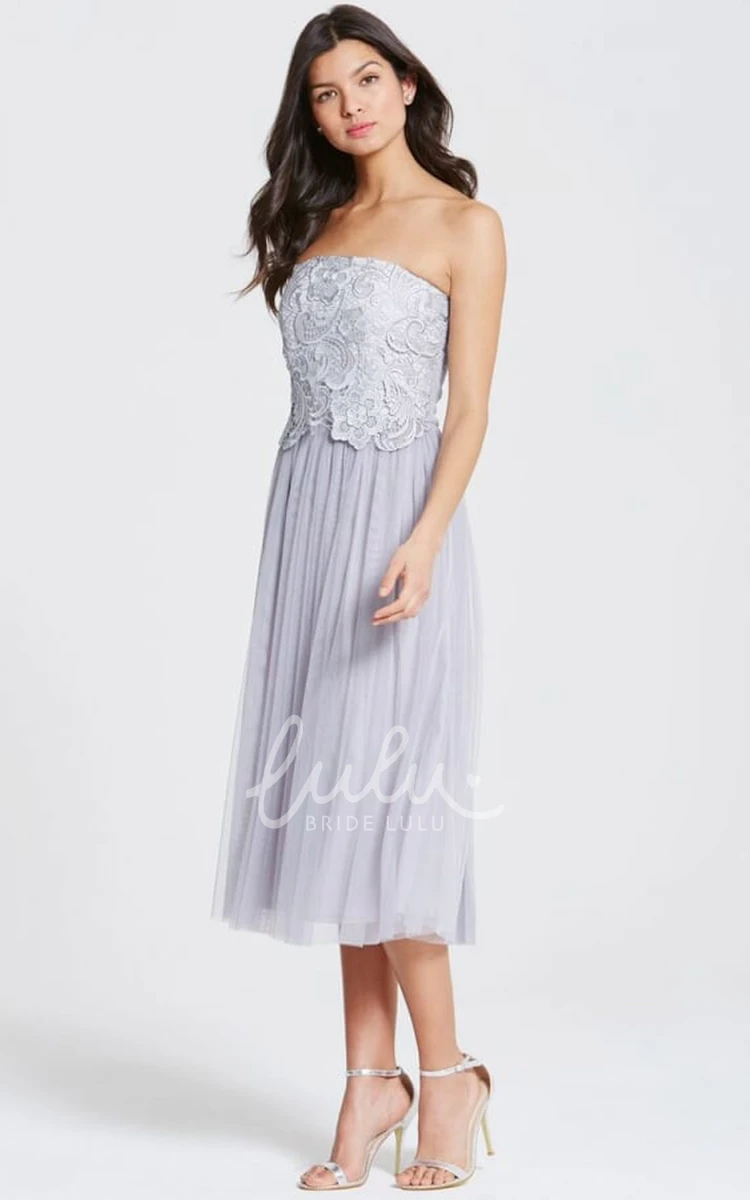 Strapless Tulle Bridesmaid Dress Tea-Length with Appliques and Pleats