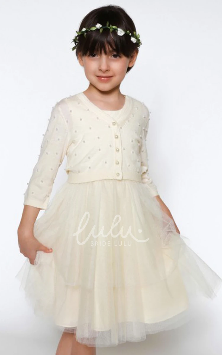 Long Sleeve Tulle Flower Girl Dress with Pleats A-Line Scoop Neck Jacket
