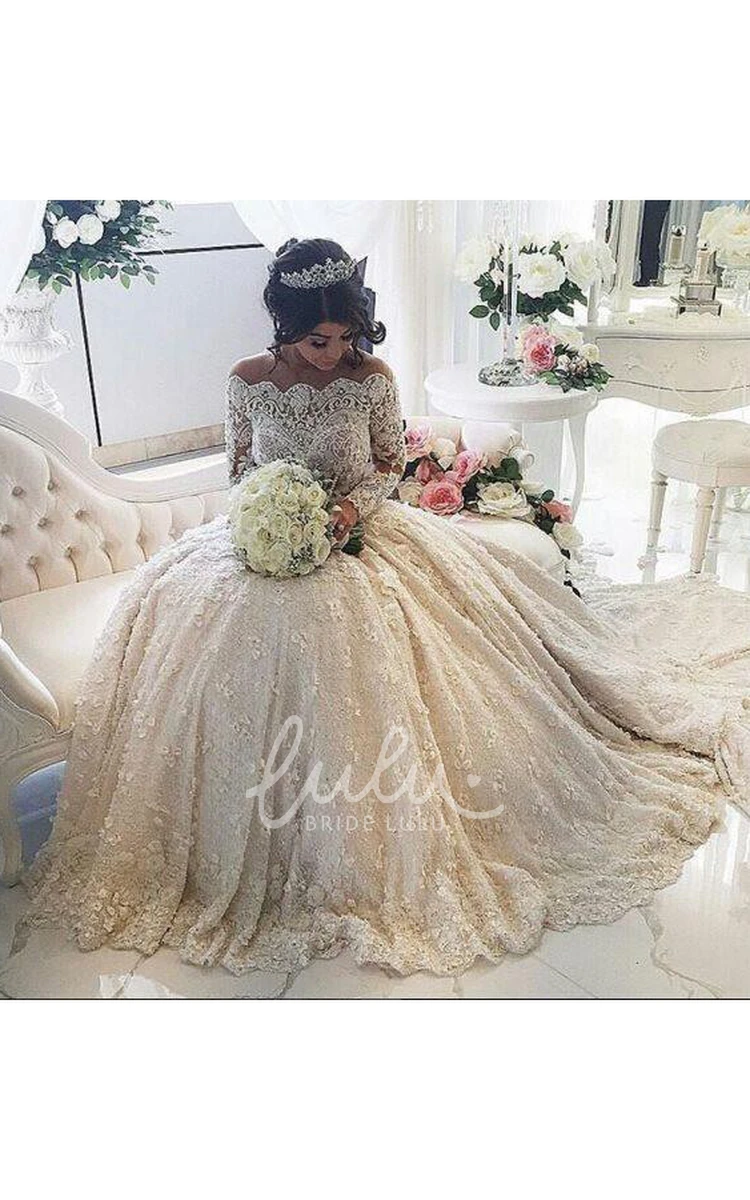 Lace Princess Ball Gown Wedding Dress with Long Sleeves and Appliques