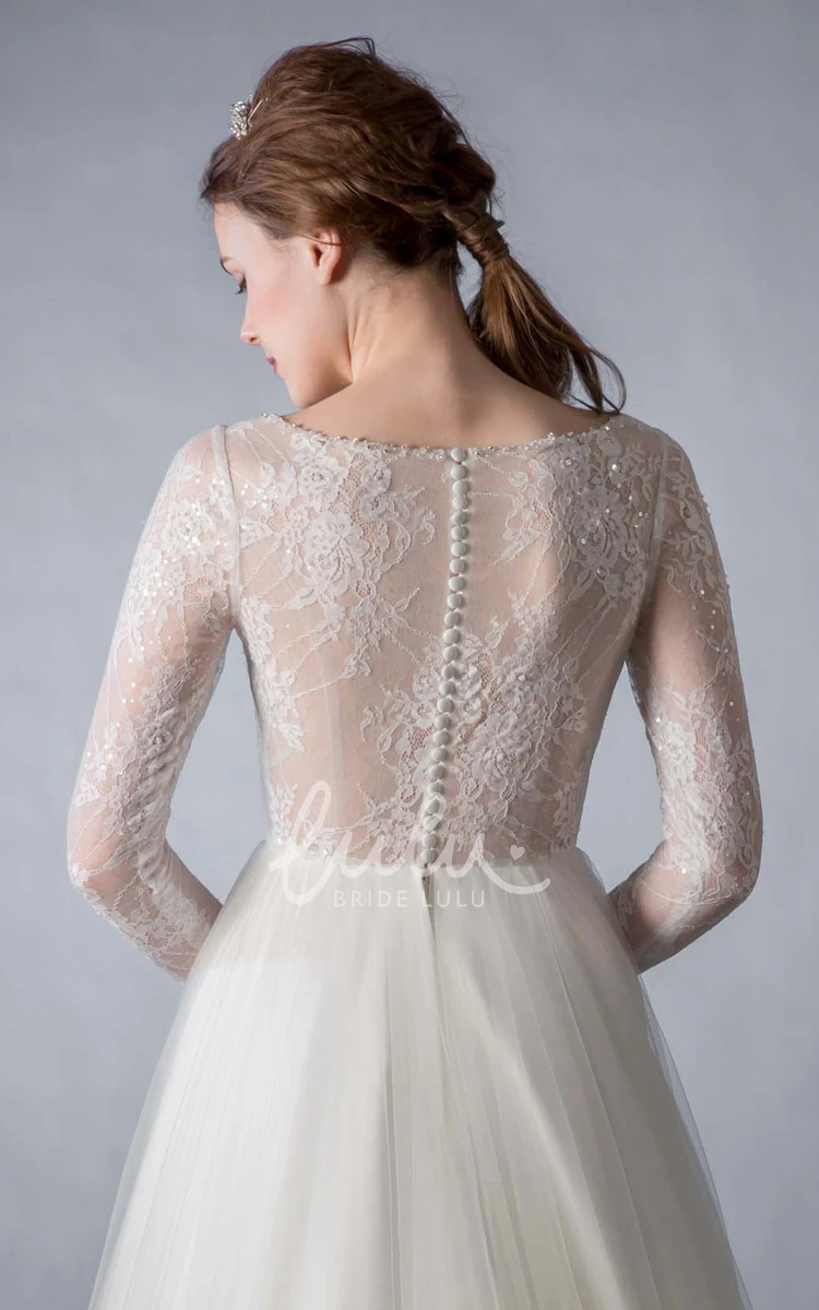 A-Line Tulle Wedding Dress with Lace Scoop Neck & Long Sleeve