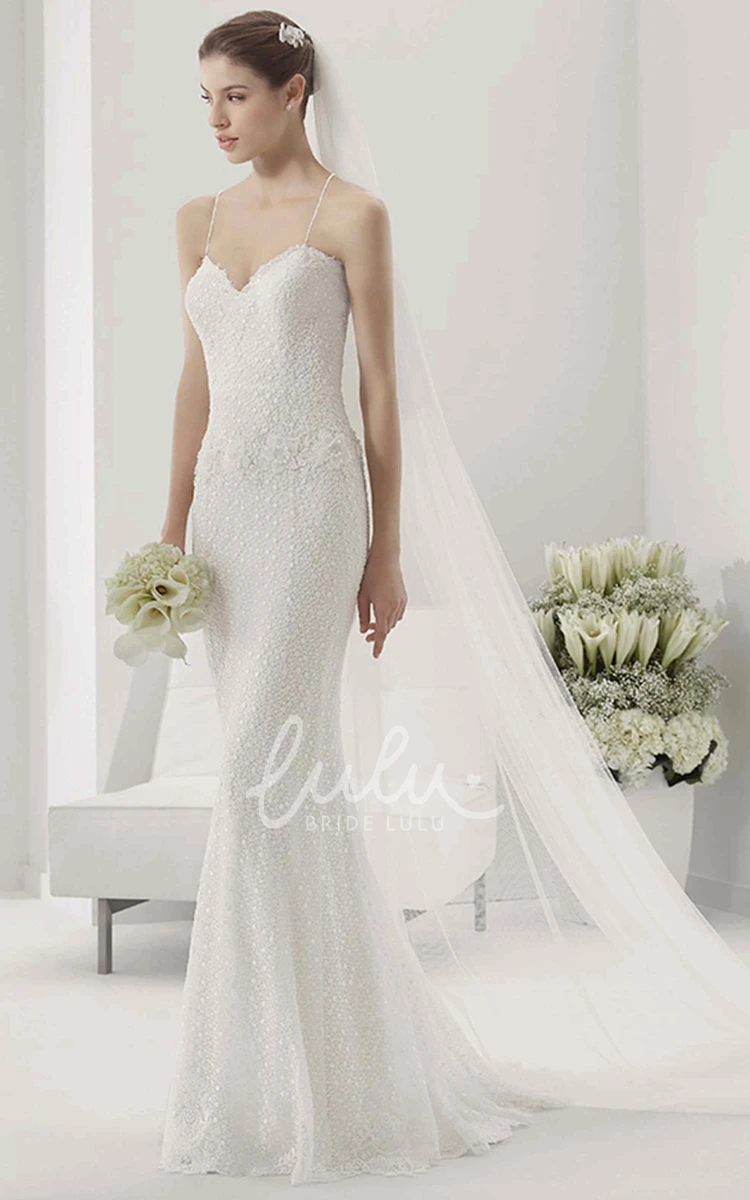 Lace Wedding Dress with Sweetheart Neckline Spaghetti Straps and Waist Flower