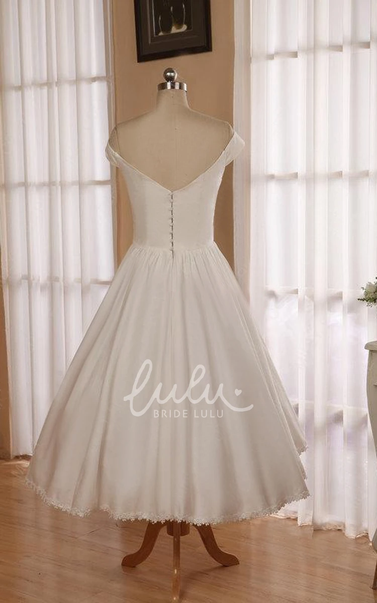 V-Neck Satin Tea-Length Wedding Dress with Button Back