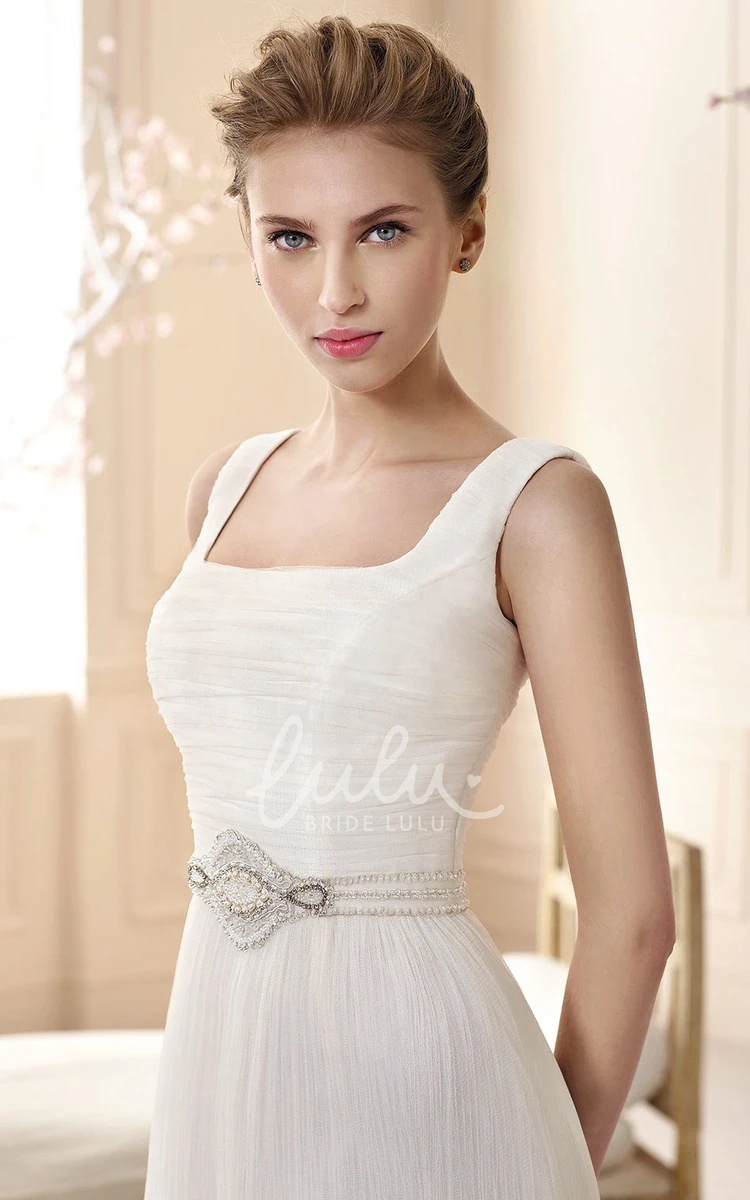 Ruched Square-Neck Sleeveless Tulle Wedding Dress with Jewellery Waist Elegant Sheath Dress