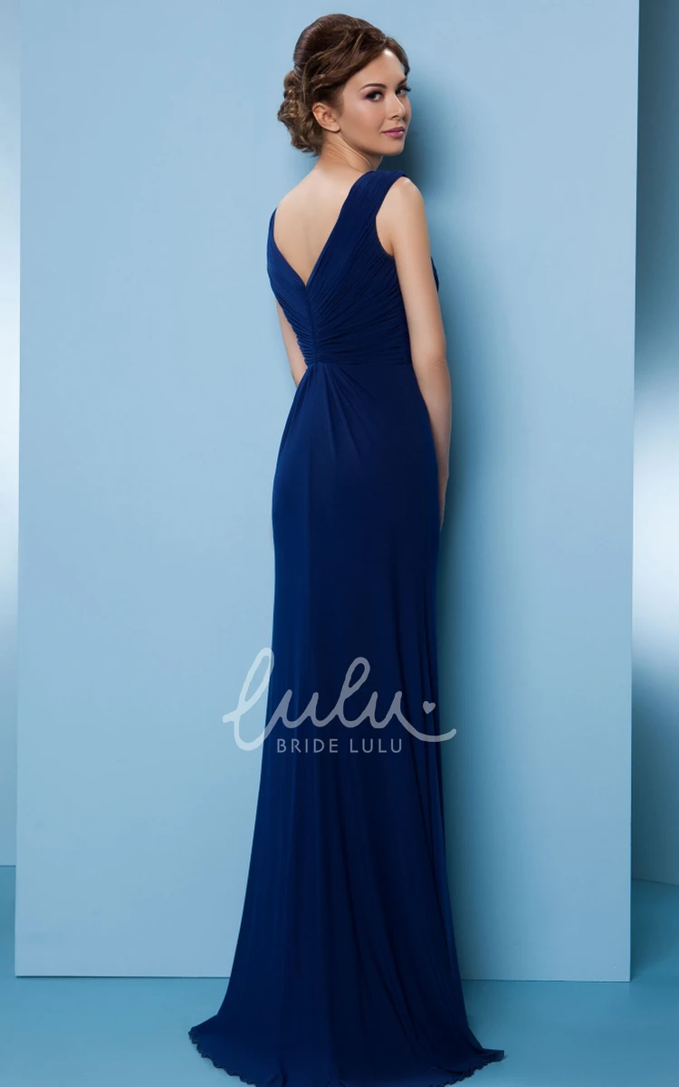 Jeweled Chiffon Bridesmaid Dress with V-Neck and Sweep Train Long V Back Classy