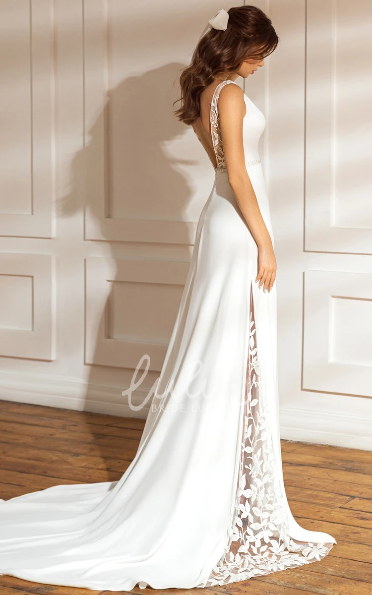 Elegant Satin V-neck Sheath Low-V Back Wedding Dress with Sweep Train