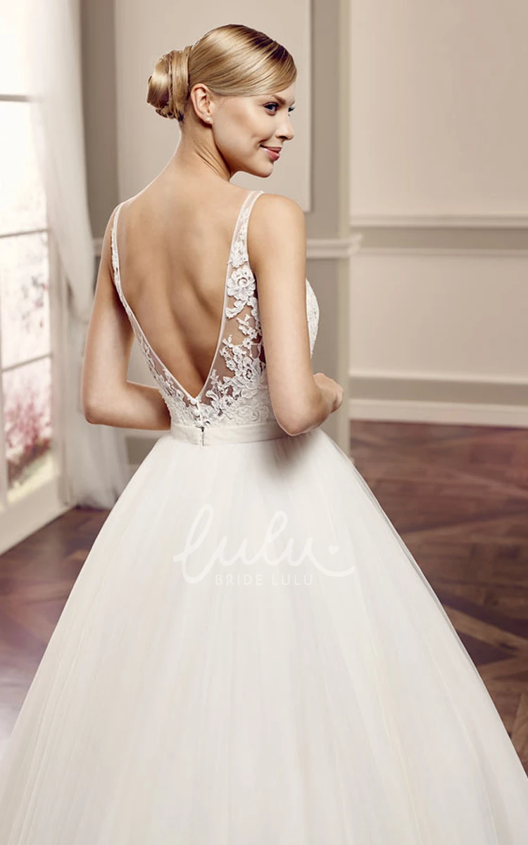 Bateau Appliqued Tulle A-Line Wedding Dress with Pleats