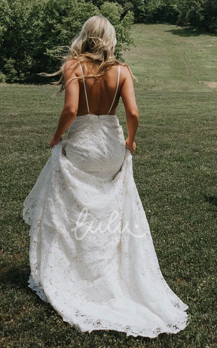 Lace Mermaid Beach Wedding Dress with Spaghetti Straps and Train Casual Beach Wedding Dress with Lace and Mermaid Silhouette