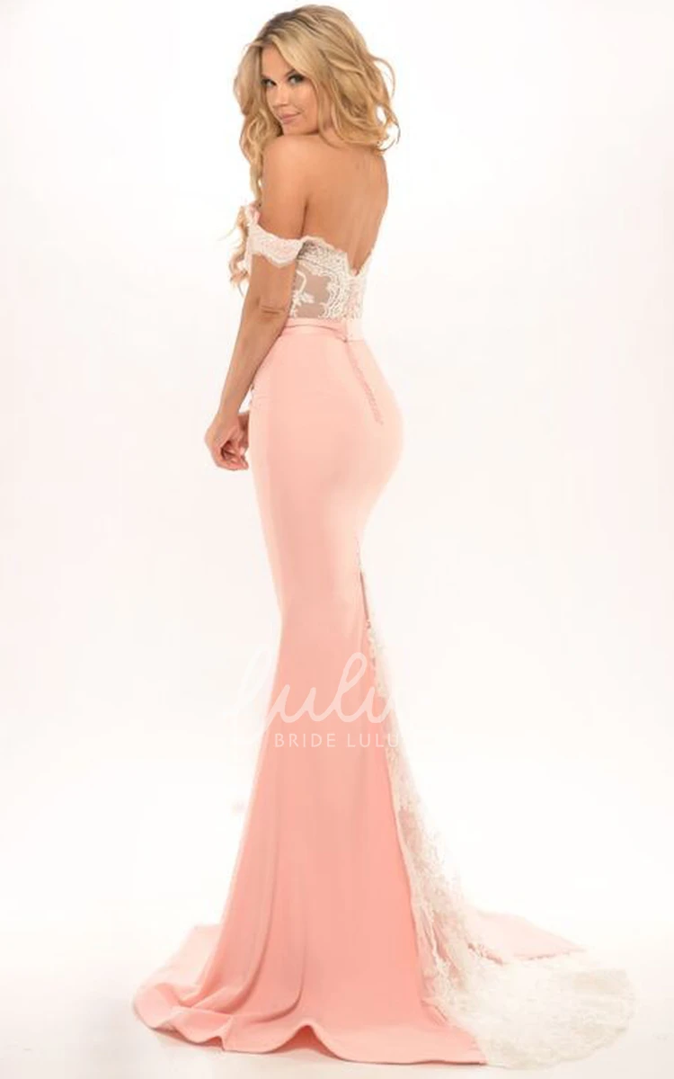 Floor-Length Sheath Jersey Prom Dress with Off-Shoulder Style and Appliques