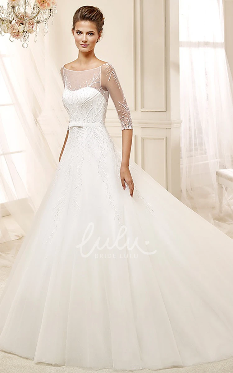 Illusive A-line Wedding Dress with Brush Train and Half Sleeves Modern Wedding Dress Women