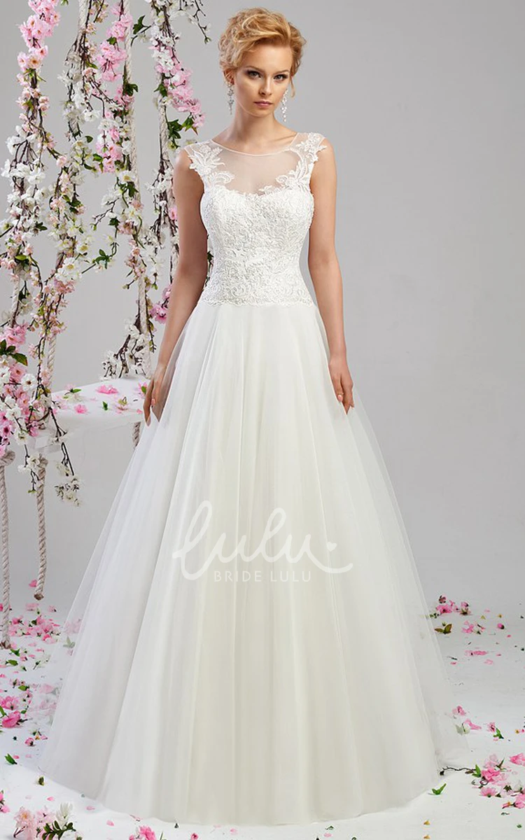 Sleeveless Tulle Wedding Dress with Pleats A-Line Floor-Length Scoop-Neck Appliqued