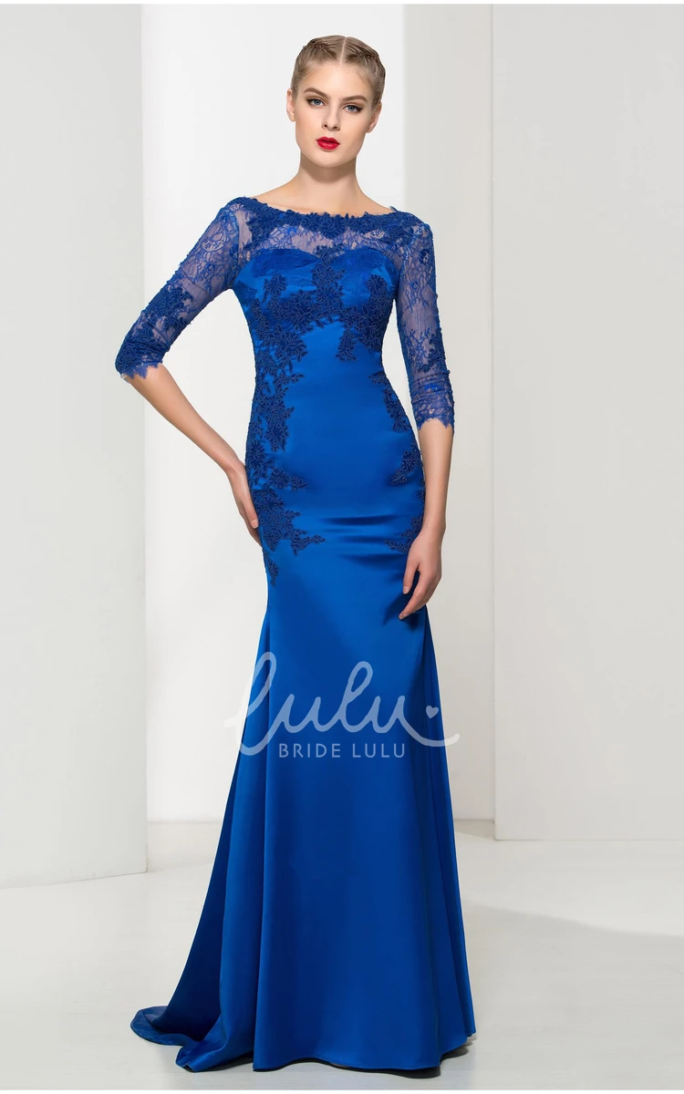 Satin Tulle Mermaid Bateau Sleeve Formal Dress with Applique