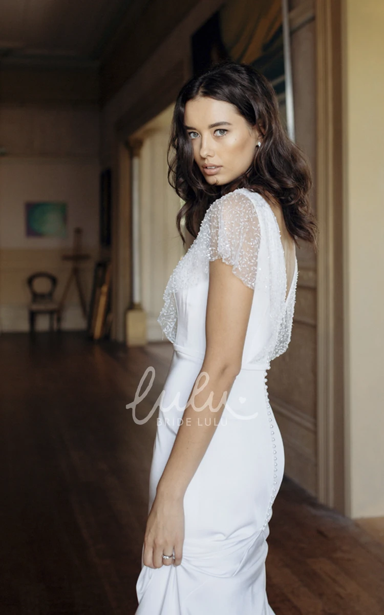 Sheath Wedding Dress with Illusion Beaded Sleeves and Court Train