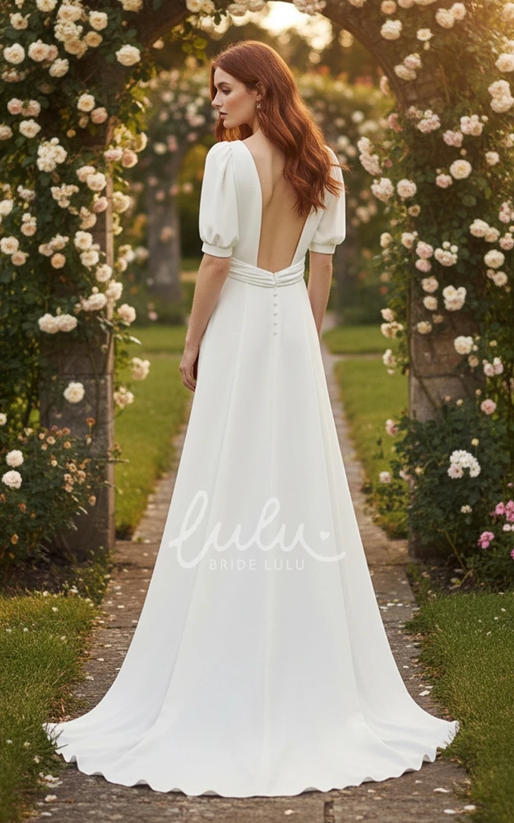 A-Line Minimal Puff Sleeve Wedding Dress Simple Sheath V Neck Slit Bridal Gown for Outdoor Weddings