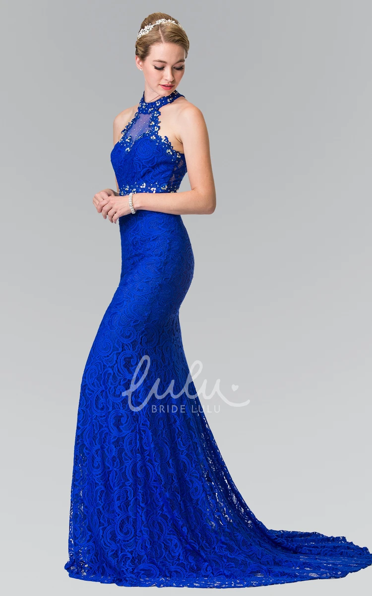 Lace Formal Dress with Beading and Pleats Sheath Sleeveless High Neck